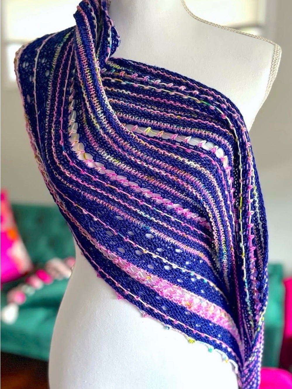 Delicate Navy & Pink Hand Knit Lace Shawl
